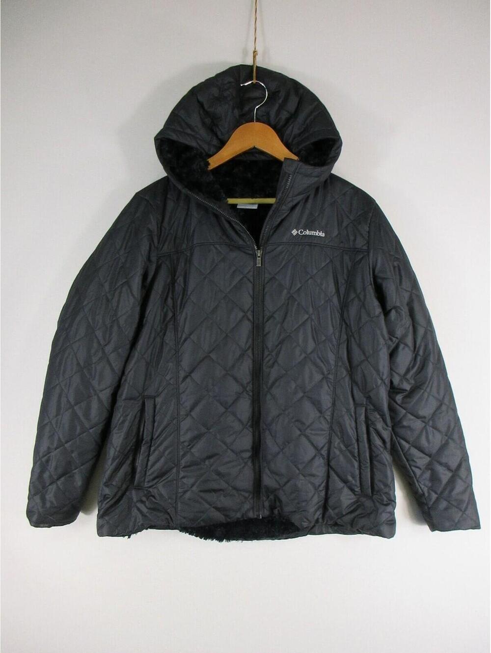 Columbia Jacket Womens 1X Quilted Hooded Faux Fur Lined Black Winter Coat Warm